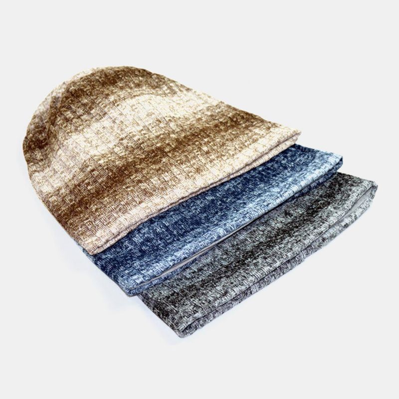 Unisex Lana Cálido Doble Capa Rayas Verticales Gradiente De Color Sin Ala Sombrero De Punto Beanie Toque Sombrero