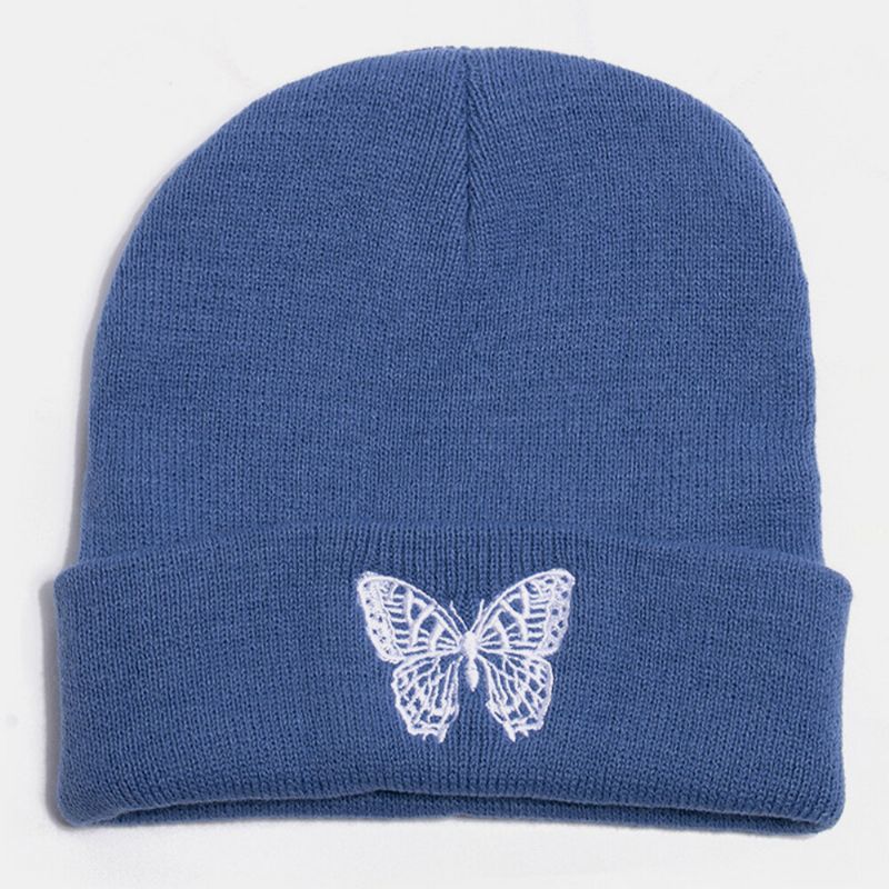 Unisex Lana Cálido Elástico Casual Dibujos Animados Mariposa Patrón De Bordado Sombrero De Punto Gorro Sin Ala