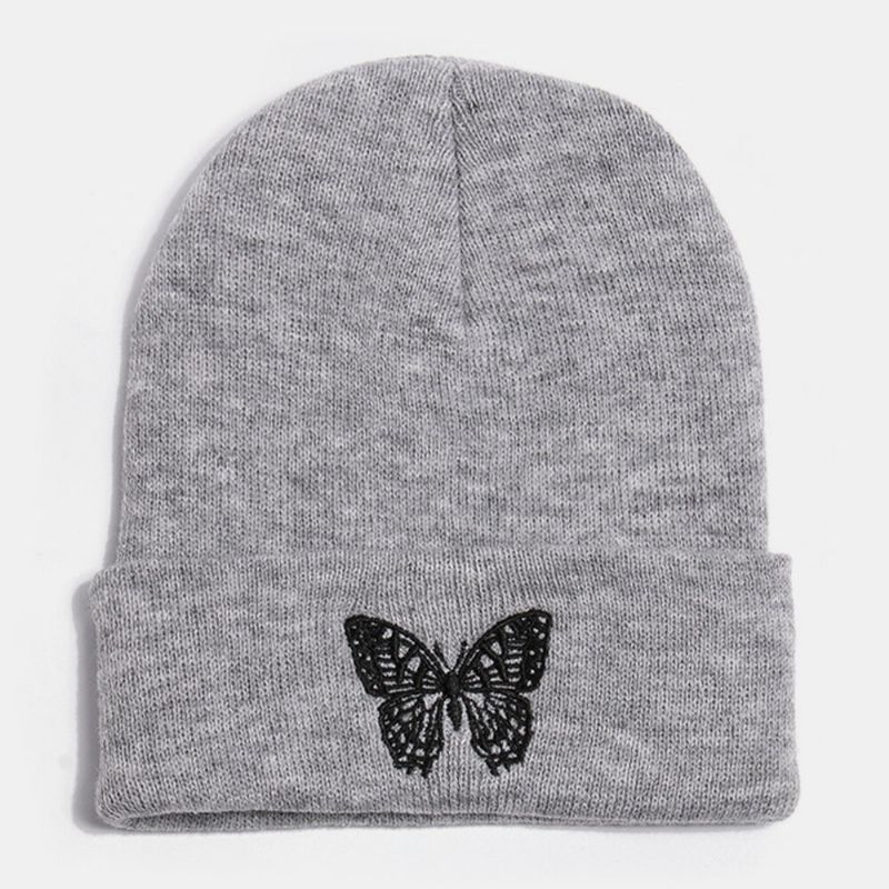 Unisex Lana Cálido Elástico Casual Dibujos Animados Mariposa Patrón De Bordado Sombrero De Punto Gorro Sin Ala