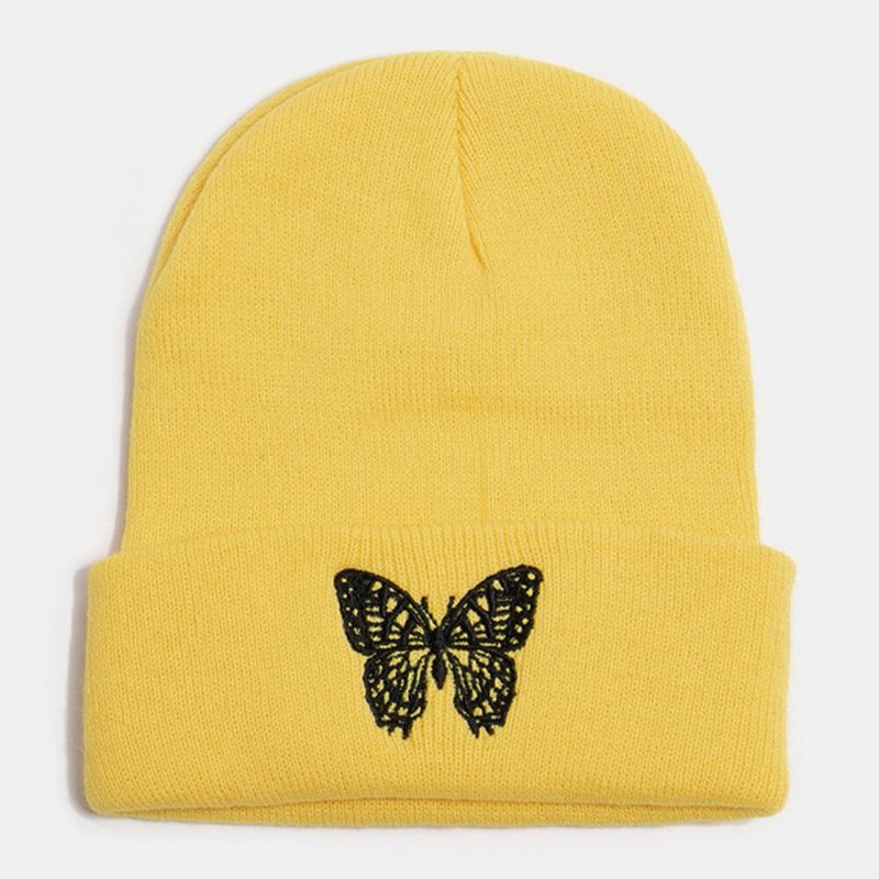 Unisex Lana Cálido Elástico Casual Dibujos Animados Mariposa Patrón De Bordado Sombrero De Punto Gorro Sin Ala