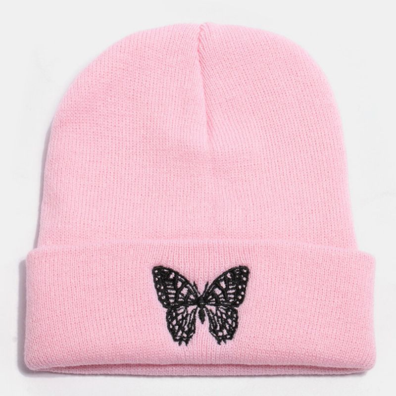 Unisex Lana Cálido Elástico Casual Dibujos Animados Mariposa Patrón De Bordado Sombrero De Punto Gorro Sin Ala