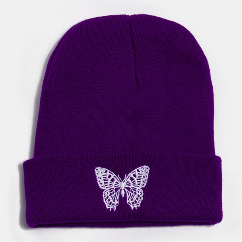 Unisex Lana Cálido Elástico Casual Dibujos Animados Mariposa Patrón De Bordado Sombrero De Punto Gorro Sin Ala