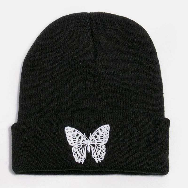 Unisex Lana Cálido Elástico Casual Dibujos Animados Mariposa Patrón De Bordado Sombrero De Punto Gorro Sin Ala