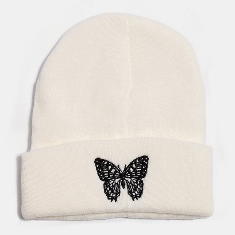 Unisex Lana Cálido Elástico Casual Dibujos Animados Mariposa Patrón De Bordado Sombrero De Punto Gorro Sin Ala