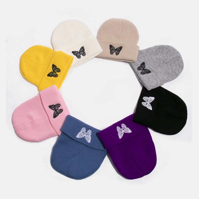 Unisex Lana Cálido Elástico Casual Dibujos Animados Mariposa Patrón De Bordado Sombrero De Punto Gorro Sin Ala