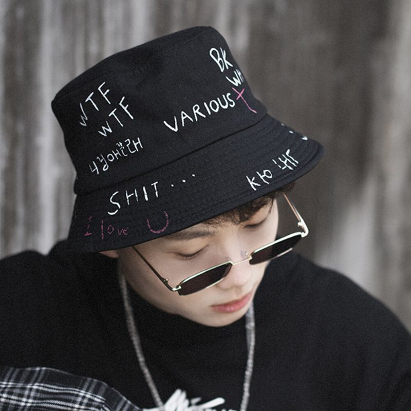 Unisex Letter Graffiti Pattern Hip-hop Casual Sunshade Sunscreen Bucket Hat