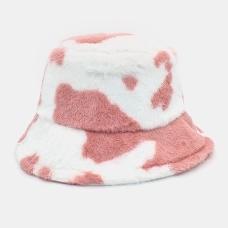 Unisex Pelo De Cordero Suave Cálido Casual Todo-fósforo Lindo Patrón De Vaca Sombrero De Cubo