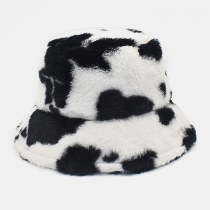 Unisex Pelo De Cordero Suave Cálido Casual Todo-fósforo Lindo Patrón De Vaca Sombrero De Cubo