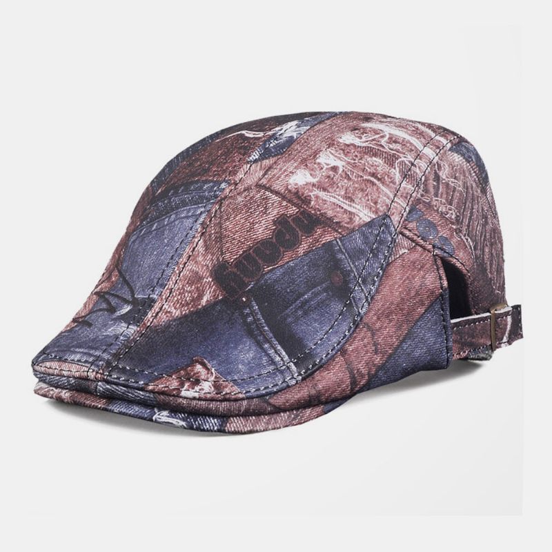 Unisex De Piel De Oveja De Cuero Genuino De Moda Denim Estampado Al Aire Libre Todo Fósforo Sombrero Plano Boina Sombrero Hacia Adelante