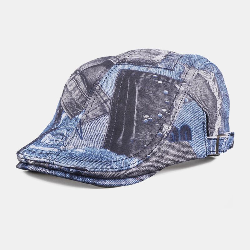 Unisex De Piel De Oveja De Cuero Genuino De Moda Denim Estampado Al Aire Libre Todo Fósforo Sombrero Plano Boina Sombrero Hacia Adelante