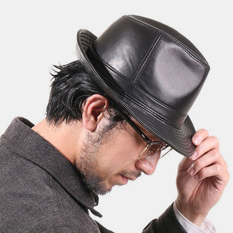 Unisex Piel De Oveja De Cuero Genuino Vintage Casual Warm Jazz Top Hat Sombrero De Panamá Fedora