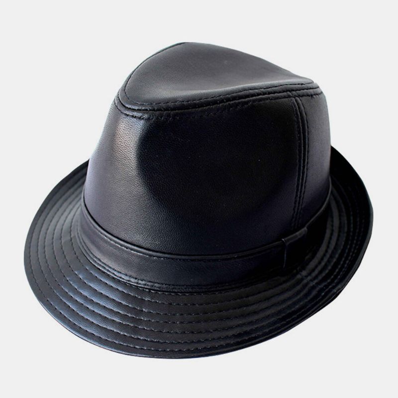 Unisex Piel De Oveja De Cuero Genuino Vintage Casual Warm Jazz Top Hat Sombrero De Panamá Fedora