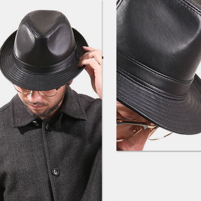 Unisex Piel De Oveja De Cuero Genuino Vintage Casual Warm Jazz Top Hat Sombrero De Panamá Fedora