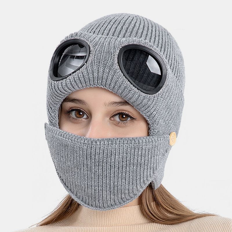 Unisex Plus Terciopelo Grueso Cuello Cálido Cara Protección Para Los Oídos Sombrero De Punto Máscara Gafas De Piloto