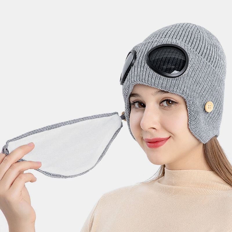 Unisex Plus Terciopelo Grueso Cuello Cálido Cara Protección Para Los Oídos Sombrero De Punto Máscara Gafas De Piloto