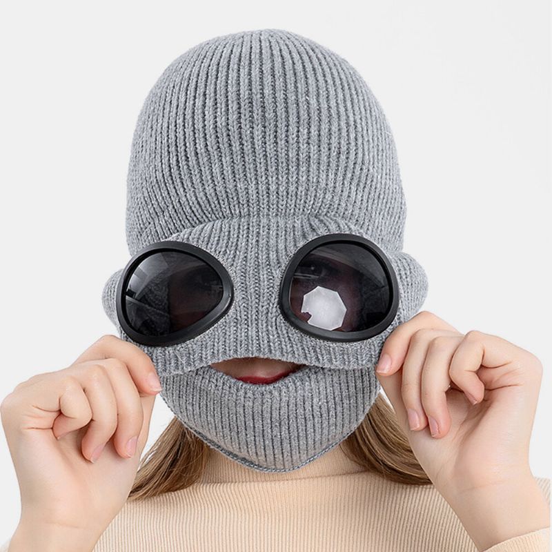 Unisex Plus Terciopelo Grueso Cuello Cálido Cara Protección Para Los Oídos Sombrero De Punto Máscara Gafas De Piloto