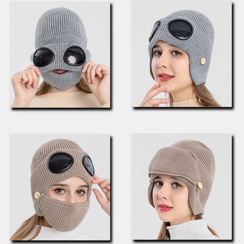 Unisex Plus Terciopelo Grueso Cuello Cálido Cara Protección Para Los Oídos Sombrero De Punto Máscara Gafas De Piloto