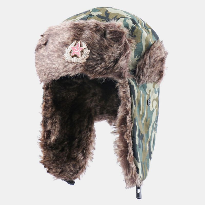 Unisex Plus Terciopelo Insignia Soviética Cálido A Prueba De Viento Orejeras Protección Camuflaje Trapper Sombrero Sombrero Ushanka