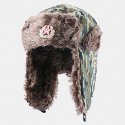 Unisex Plus Terciopelo Insignia Soviética Cálido A Prueba De Viento Orejeras Protección Camuflaje Trapper Sombrero Sombrero Ushanka