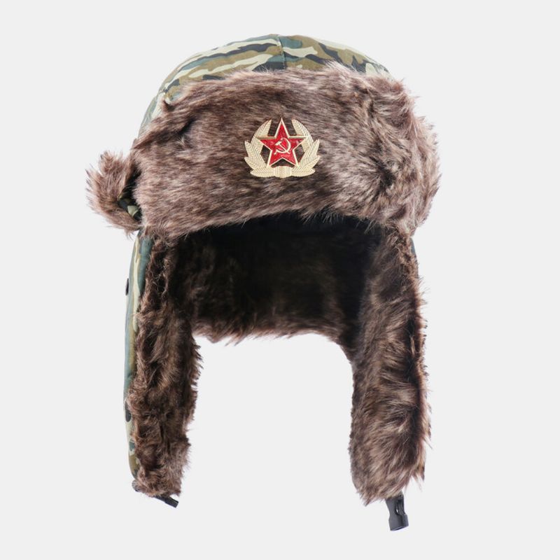 Unisex Plus Terciopelo Insignia Soviética Cálido A Prueba De Viento Orejeras Protección Camuflaje Trapper Sombrero Sombrero Ushanka