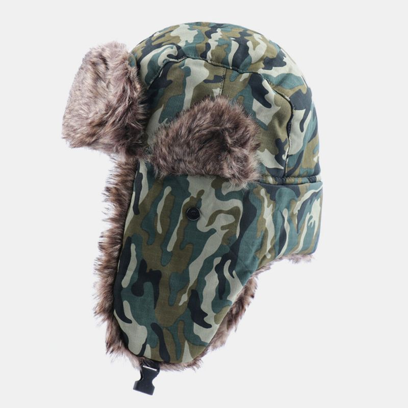 Unisex Plus Terciopelo Insignia Soviética Cálido A Prueba De Viento Orejeras Protección Camuflaje Trapper Sombrero Sombrero Ushanka