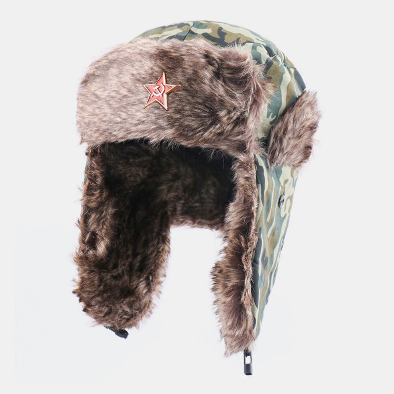 Unisex Plus Terciopelo Insignia Soviética Cálido A Prueba De Viento Orejeras Protección Camuflaje Trapper Sombrero Sombrero Ushanka