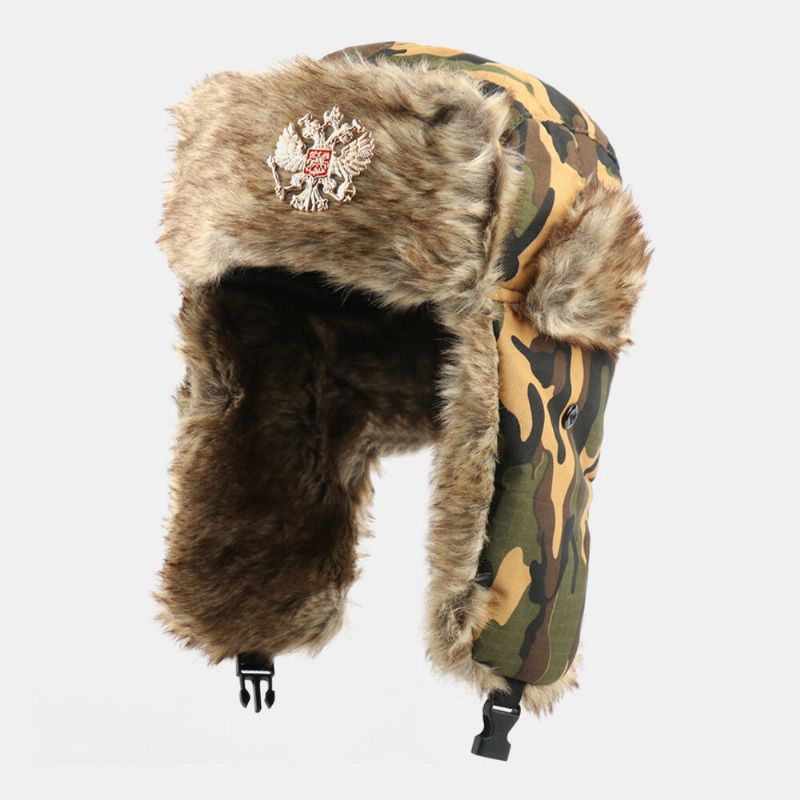 Unisex Plus Terciopelo Insignia Soviética Cálido A Prueba De Viento Orejeras Protección Camuflaje Trapper Sombrero Sombrero Ushanka