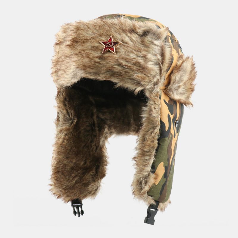 Unisex Plus Terciopelo Insignia Soviética Cálido A Prueba De Viento Orejeras Protección Camuflaje Trapper Sombrero Sombrero Ushanka