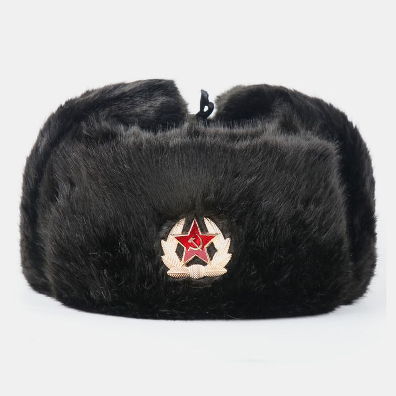 Unisex Plus Terciopelo Insignia Soviética Cálido A Prueba De Viento Protección De Orejeras Sombrero De Trampero Al Aire Libre Sombrero Ushanka