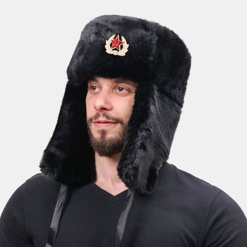 Unisex Plus Terciopelo Insignia Soviética Cálido A Prueba De Viento Protección De Orejeras Sombrero De Trampero Al Aire Libre Sombrero Ushanka