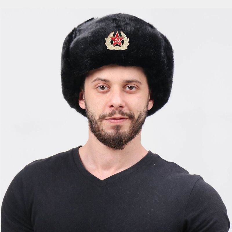 Unisex Plus Terciopelo Insignia Soviética Cálido A Prueba De Viento Protección De Orejeras Sombrero De Trampero Al Aire Libre Sombrero Ushanka