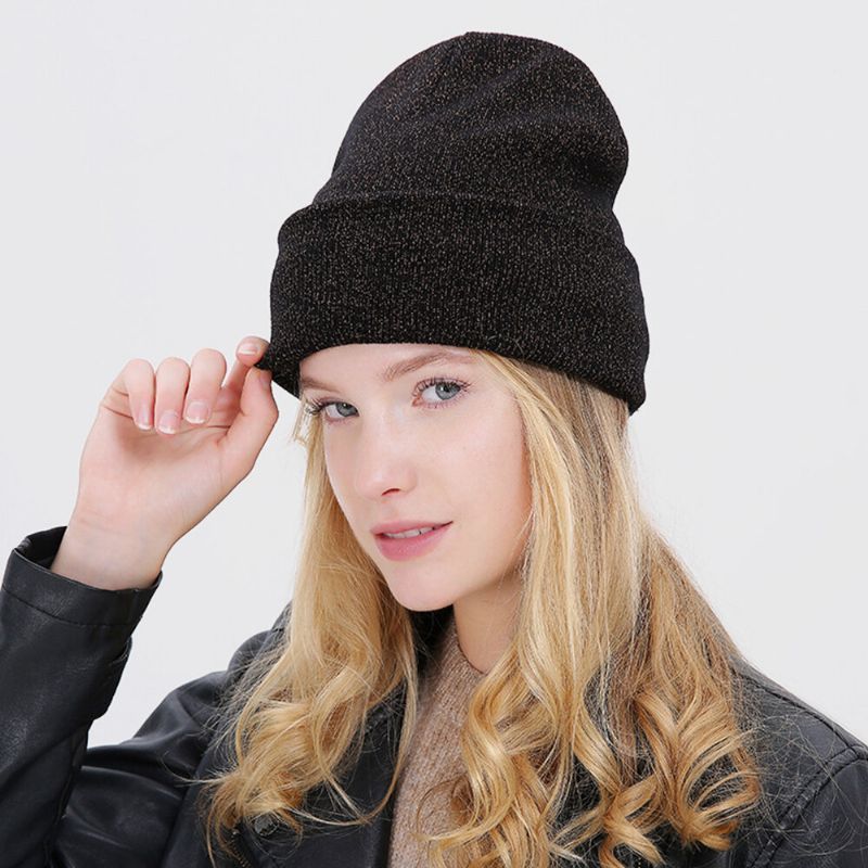 Unisex Plus Thicken Protección Cálida Para Los Oídos Rebordeado Etiqueta De Cuero Decoración Sombrero De Punto Gorro Sin Ala