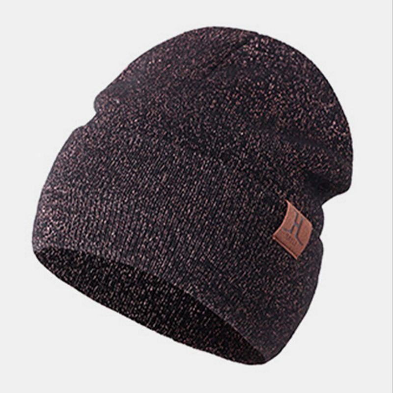 Unisex Plus Thicken Protección Cálida Para Los Oídos Rebordeado Etiqueta De Cuero Decoración Sombrero De Punto Gorro Sin Ala