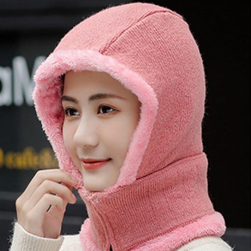 Unisex De Una Pieza De Lana Más Terciopelo Grueso Cálido Cuello A Prueba De Viento Protección Facial Montar Gorro De Punto