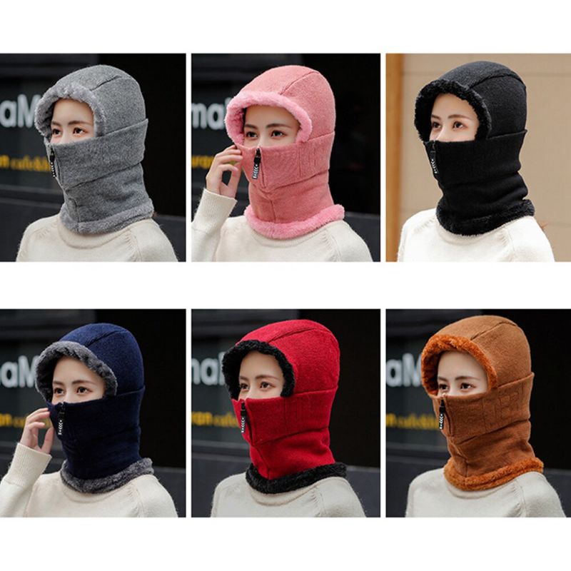 Unisex De Una Pieza De Lana Más Terciopelo Grueso Cálido Cuello A Prueba De Viento Protección Facial Montar Gorro De Punto