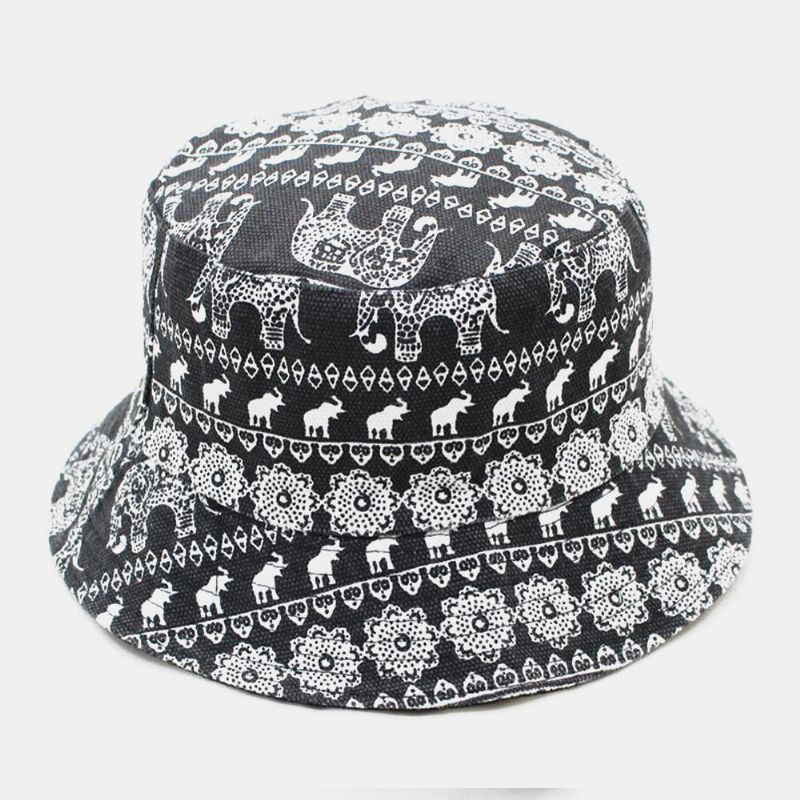 Unsiex Algodón Retro Estilo Étnico Elefante Patrón Moda Casual Sombrero De Cubo