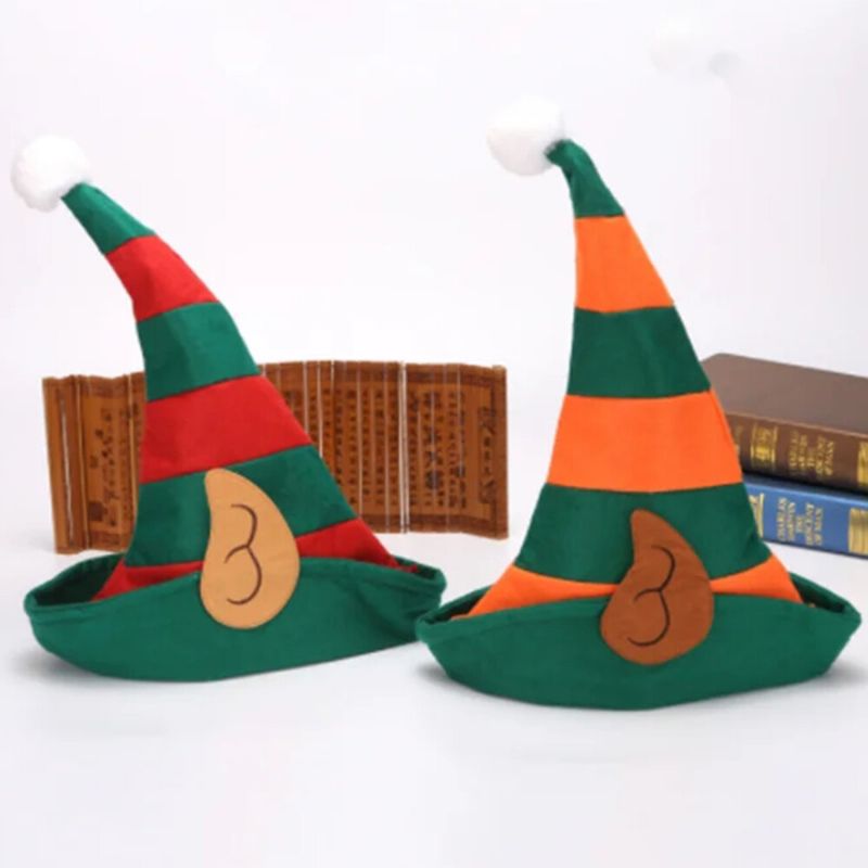 Unsiex Christmas Festive Little Elf Cosplay Elf Ear Naranja Rojo Patrón De Rayas Sombrero