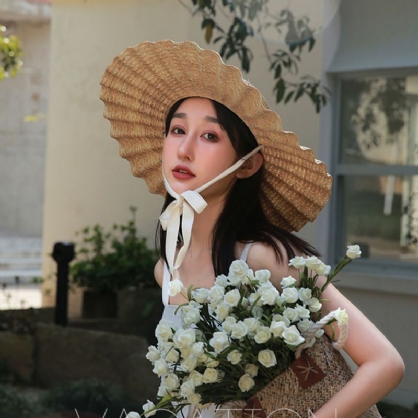 Visera De Ala Salvaje Para Mujer Lado Ondulado Lazo De Encaje Suave Sombrero Para El Sol Sombrero De Paja Con Diseño De Concha Superior Redonda Y Elegante Informal