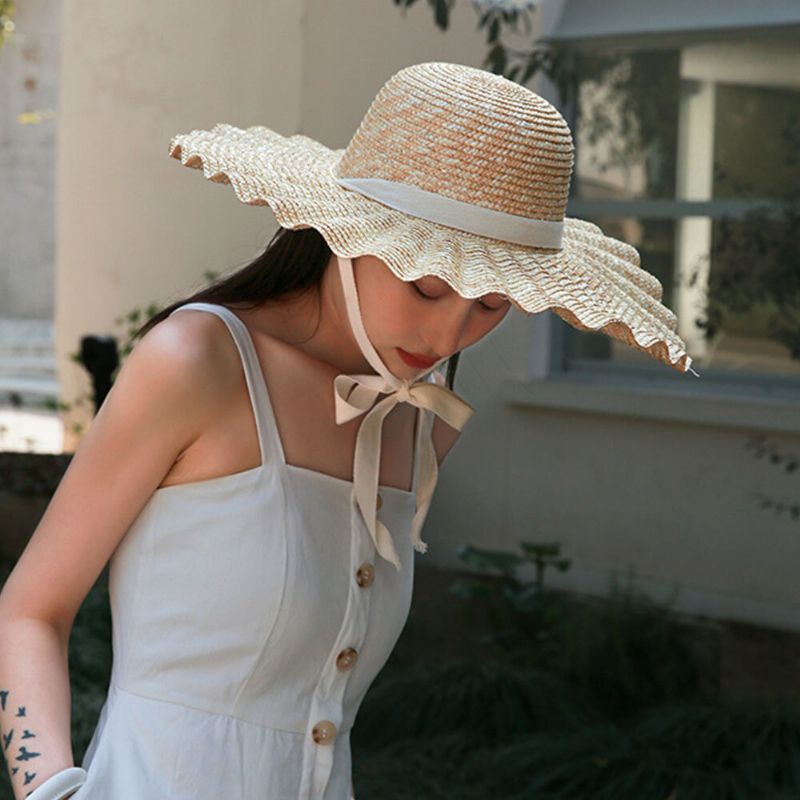 Visera De Ala Salvaje Para Mujer Lado Ondulado Lazo De Encaje Suave Sombrero Para El Sol Sombrero De Paja Con Diseño De Concha Superior Redonda Y Elegante Informal