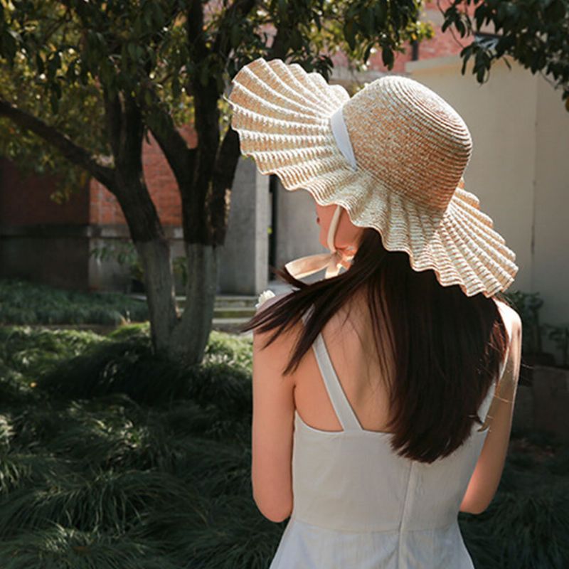 Visera De Ala Salvaje Para Mujer Lado Ondulado Lazo De Encaje Suave Sombrero Para El Sol Sombrero De Paja Con Diseño De Concha Superior Redonda Y Elegante Informal