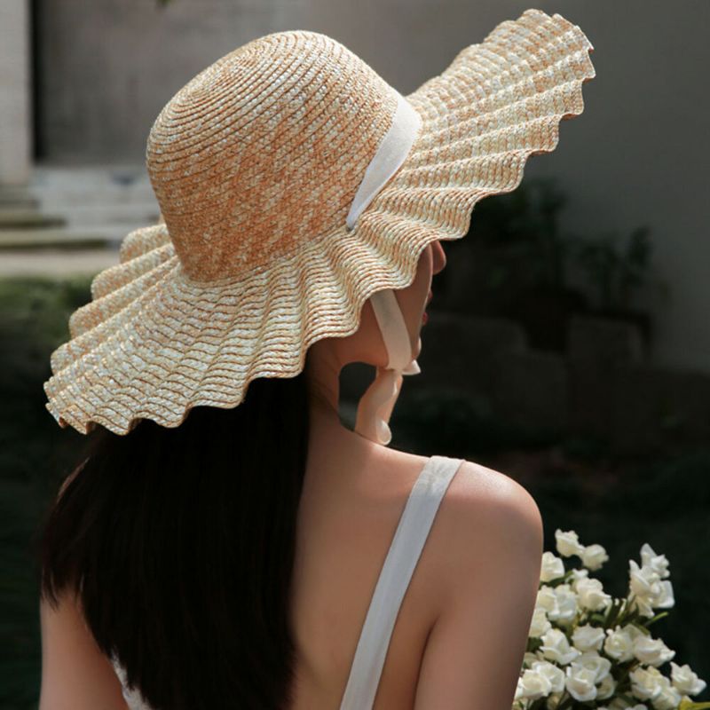 Visera De Ala Salvaje Para Mujer Lado Ondulado Lazo De Encaje Suave Sombrero Para El Sol Sombrero De Paja Con Diseño De Concha Superior Redonda Y Elegante Informal