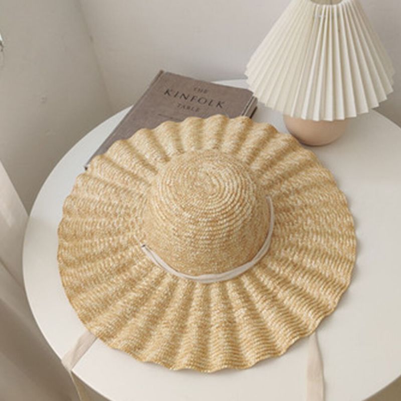 Visera De Ala Salvaje Para Mujer Lado Ondulado Lazo De Encaje Suave Sombrero Para El Sol Sombrero De Paja Con Diseño De Concha Superior Redonda Y Elegante Informal