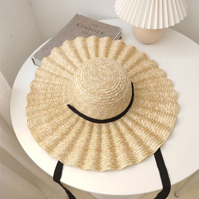 Visera De Ala Salvaje Para Mujer Lado Ondulado Lazo De Encaje Suave Sombrero Para El Sol Sombrero De Paja Con Diseño De Concha Superior Redonda Y Elegante Informal