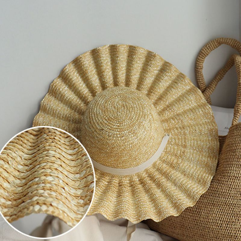 Visera De Ala Salvaje Para Mujer Lado Ondulado Lazo De Encaje Suave Sombrero Para El Sol Sombrero De Paja Con Diseño De Concha Superior Redonda Y Elegante Informal