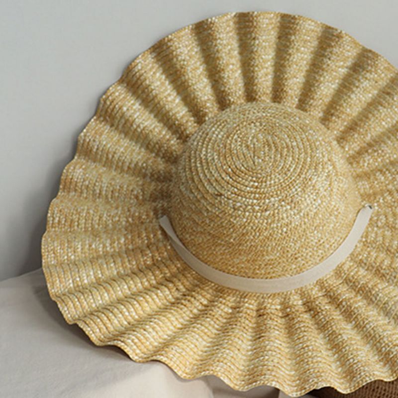 Visera De Ala Salvaje Para Mujer Lado Ondulado Lazo De Encaje Suave Sombrero Para El Sol Sombrero De Paja Con Diseño De Concha Superior Redonda Y Elegante Informal