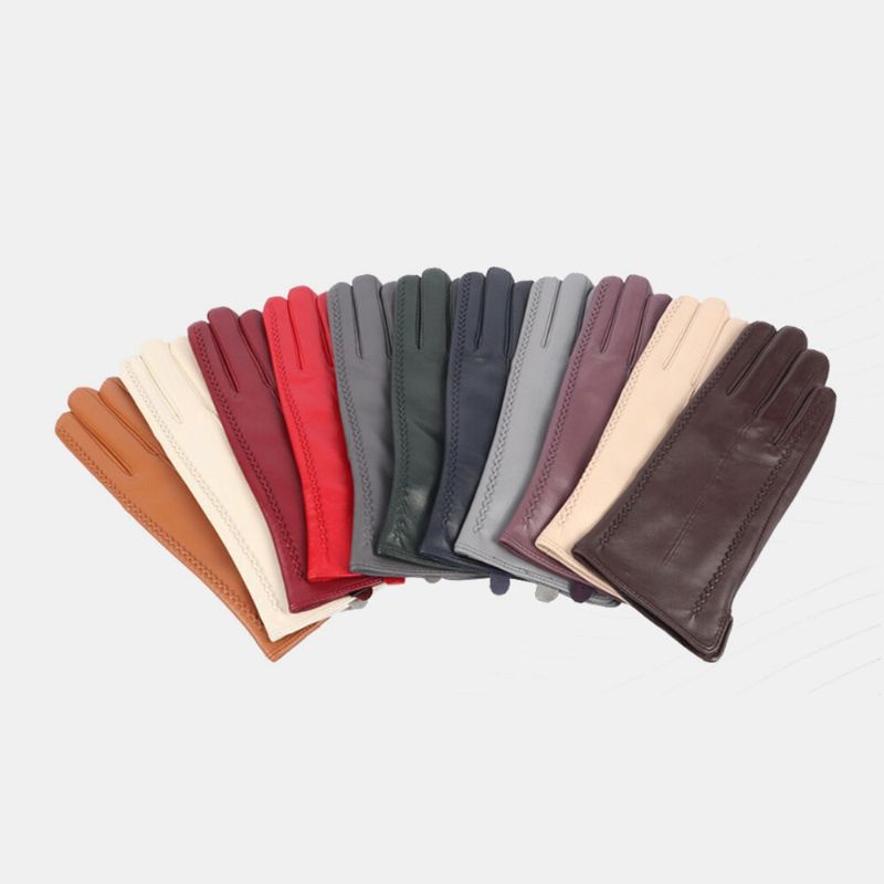 Guantes De Dedo Completo Gruesos De Terciopelo Para Mujer Piel Auténtica Táctil Para Mantener El Calor Moda Al Aire Libre Para Montar En Bicicleta