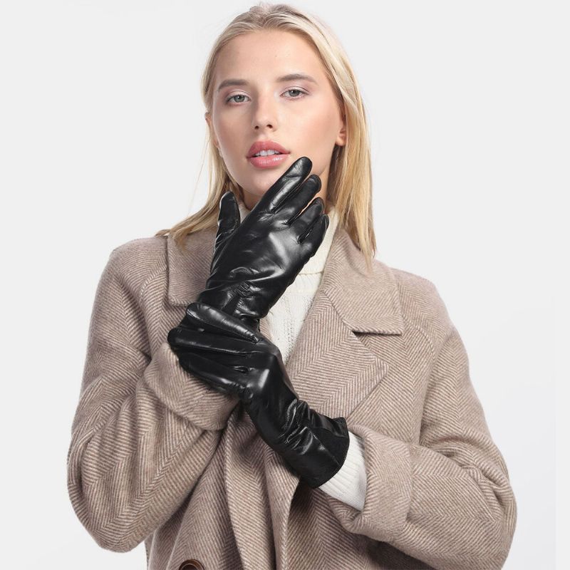 Guantes De Dedo Completo De Terciopelo Con Pantalla Táctil De Cuero Genuino Para Mujer Mantener Caliente Al Aire Libre Más Moda Para Montar En Bicicleta