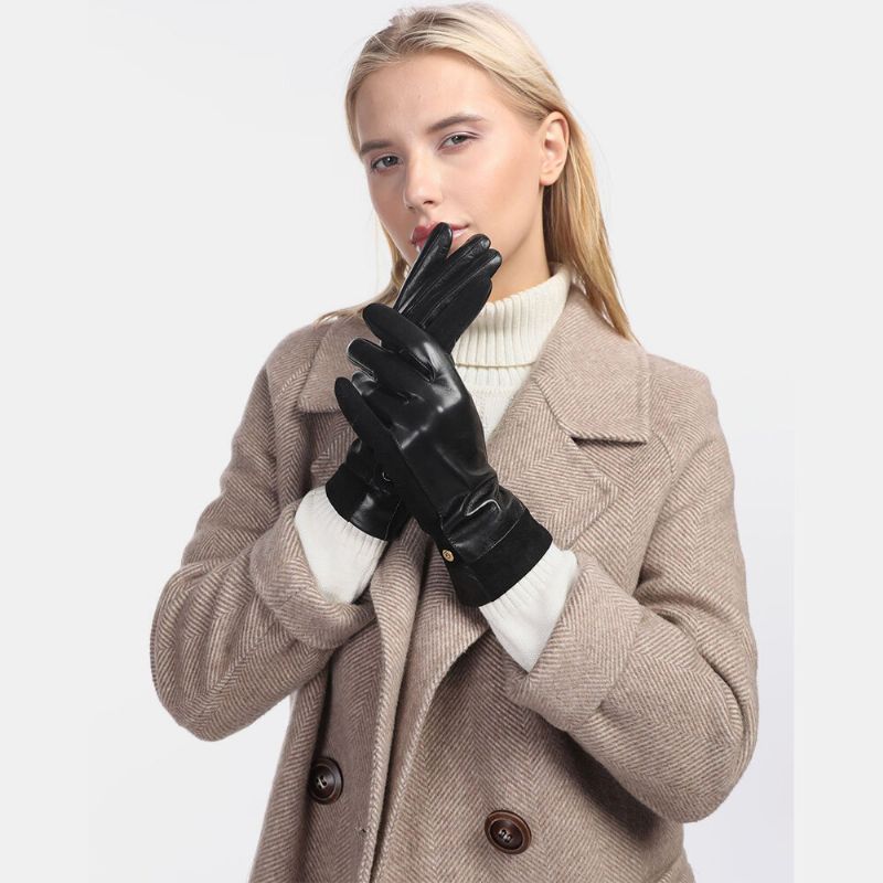 Guantes De Dedo Completo De Terciopelo Con Pantalla Táctil De Cuero Genuino Para Mujer Mantener Caliente Al Aire Libre Más Moda Para Montar En Bicicleta