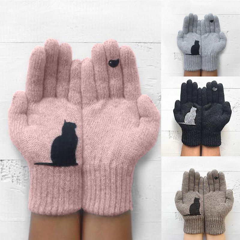 Guantes De Lana Para Mujer Otoño Invierno Guante Con Estampado De Gato Y Pájaro Acolchado Frío Al Aire Libre Al Aire Libre