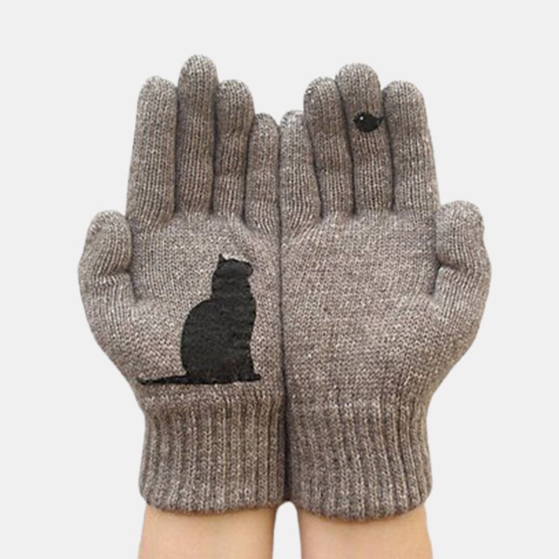 Guantes De Lana Para Mujer Otoño Invierno Guante Con Estampado De Gato Y Pájaro Acolchado Frío Al Aire Libre Al Aire Libre